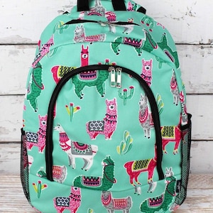 Embroidered NGIL Teal Llama Backpack, personalized pink llama lunchbox, personalized backpack, girls llama embroider backpack set