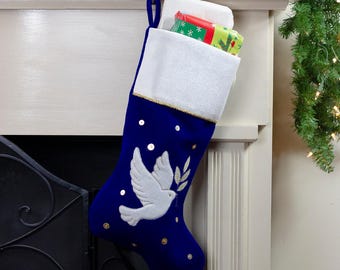 20.5" Royal Blue and White Velvet Dove with Olive Branch Christmas Stocking, embroider blue christmas stocking, personalize stocking