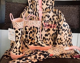Girls Leopard Raincoat Set / Kids Rain Jacket / Monogrammed Rain Jacet / Leopard Rain Jacket / Rain Boots / Gift for Girl / Umbrella
