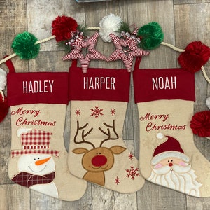 NEW Faux Burlap Christmas stocking, Embroider Christmas Stocking, Personalize Christmas Stocking, Reindeer stocking, kids christmas stocking