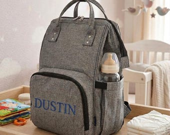 Personalized NGIL Gray Backpack Diaper Bag,  Monogrammed Baby Shower Gift, Large Capacity Baby Travel Bag