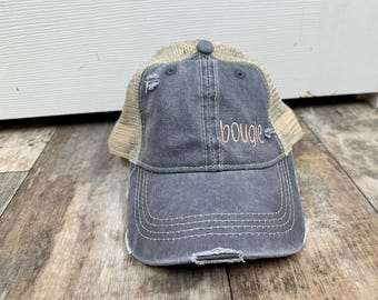 Washed Grey Distressed Denim Ponytail Baseball Cap Messy Bun Trucker Hat Criss Cross Ponytail Baseball Cap for Women Trucker Hats  main image 3