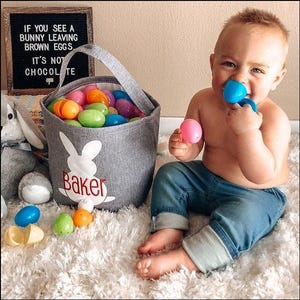 Personalized Embroidered Monogram Gray Bunny Easter Basket