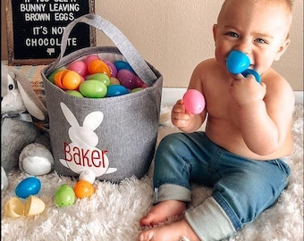 Personalized Embroidered Monogram Gray Bunny Easter Basket