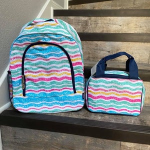 Embroidered NGIL Pastel Waves Backpack, personalized pastel waves lunchbox, personalized backpack, girls pastel color embroider backpack set