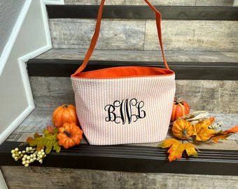 Orange Seersucker Halloween Basket, Personalized Halloween basket, embroidered halloween basket, orange seersucker halloween buckets