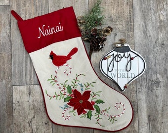 Personalized Cardinal Cane  Christmas Stocking, embroidered cardinal christmas stocking, red bird stocking, christmas stocking