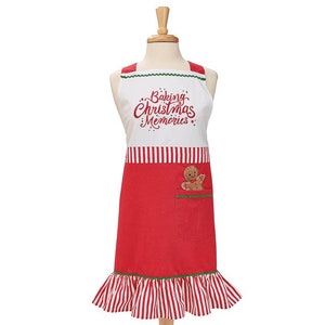 K&ouml;nnte beinhalten: Rote und wei&szlig;e gestreifte Weihnachts-Sch&uuml;rze mit einem Lebkuchenmann-Design und dem Text "Baking Christmas Memories".