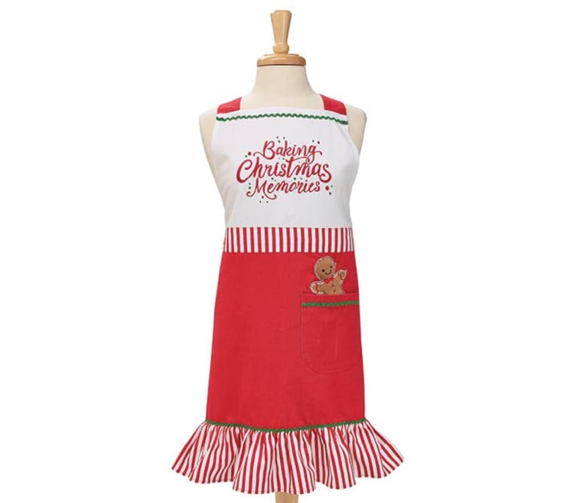 K&ouml;nnte beinhalten: Rote und wei&szlig;e gestreifte Weihnachts-Sch&uuml;rze mit einem Lebkuchenmann-Design und dem Text "Baking Christmas Memories".