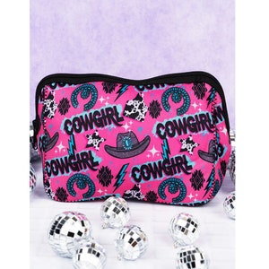 Embroidered Makeup Bag Neoprene,  Girls make up bag, toiletry bag, girls toiletry bag, travel bag, pencil bag, cowgirl toiletry bag