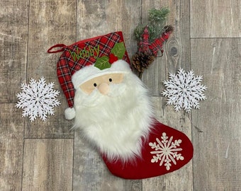 Tartan Santa Christmas Stocking, Christmas Stocking, Embroider Christmas Stocking, Personalize Christmas Stocking, Rustic stocking