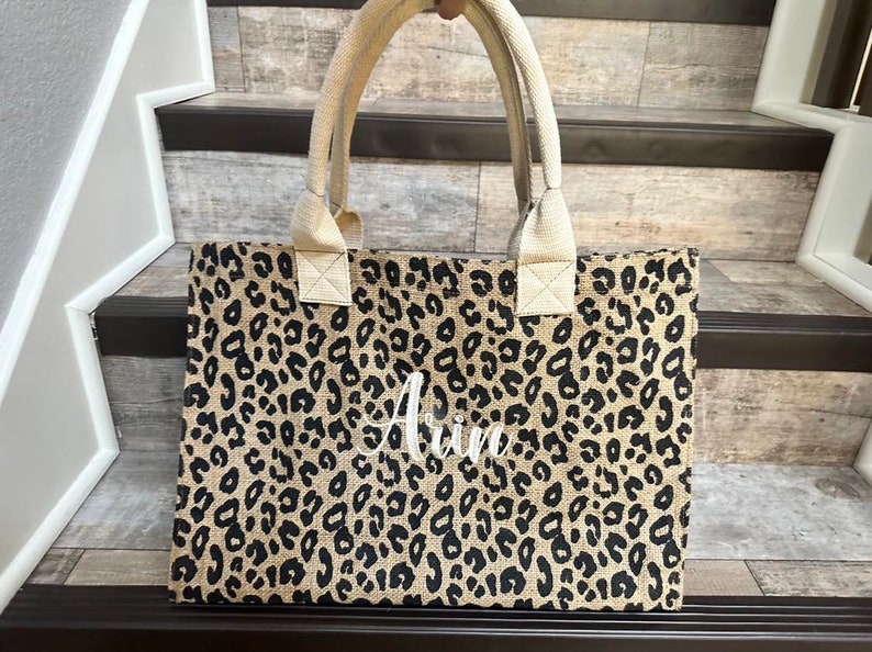 mothers day gift, Women's Personalized Leopard tote, Cheetah print burlap tote, christmas gift for her, bridesmaid gift, wedding gift, tote image 1