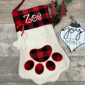 Personalize Dog Cat Stocking, Pet Stocking, plaid dog stocking, cat paw stocking, dog bone stocking, embroider dog stocking, pet stocking