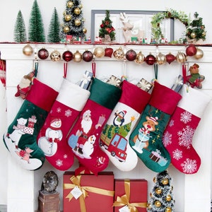 Embroidered Velvet Applique Christmas Stocking, Family Christmas Stocking Decoration, Personalized Christmas Stocking, stocking