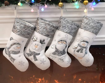 Embroidered Christmas Stockings, silver stocking, personalized stocking, snowman stocking, Monogram stocking