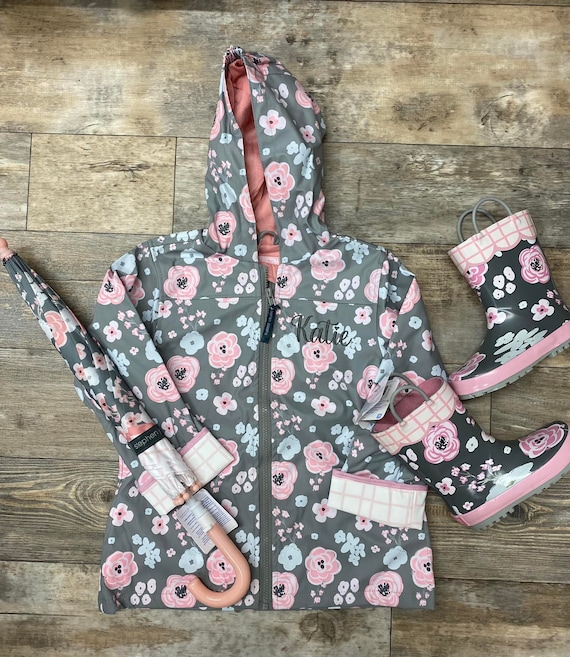 Conjunto de impermeable floral de carbón para niñas, chaqueta de lluvia  para niños, chaqueta de lluvia personalizada, impermeable floral, conjunto  de impermeable para niños, regalo para niña -  México