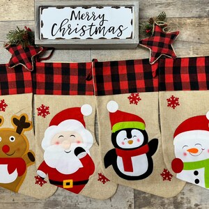 Personalized Burlap Applique  christmas stocking, Reindeer snowman santa penguin  christmas stocking, embroidered stocking