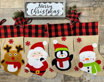 Personalized Burlap Applique  christmas stocking, Reindeer snowman santa penguin  christmas stocking, embroidered stocking
