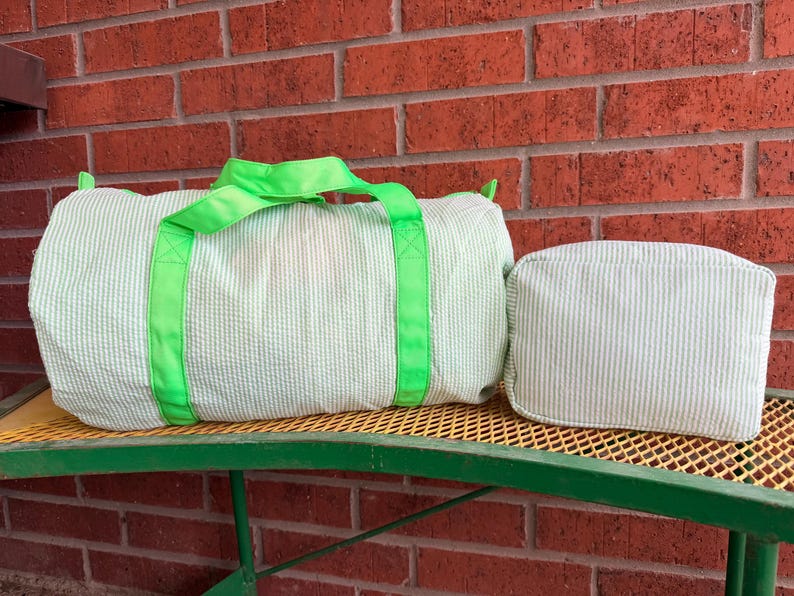Personalized Embroidered Monogrammed Seersucker duffel bag or case or both, kids overnight bag image 4