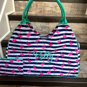 Personalized Embroidered Navy Stripes Flamingos Shell Paisley cruise Beach Bag Tote