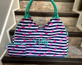 Personalized Embroidered Navy Stripes, Flamingos, Sea Shell, Floral, Paisley Cruise Beach Bag Tote
