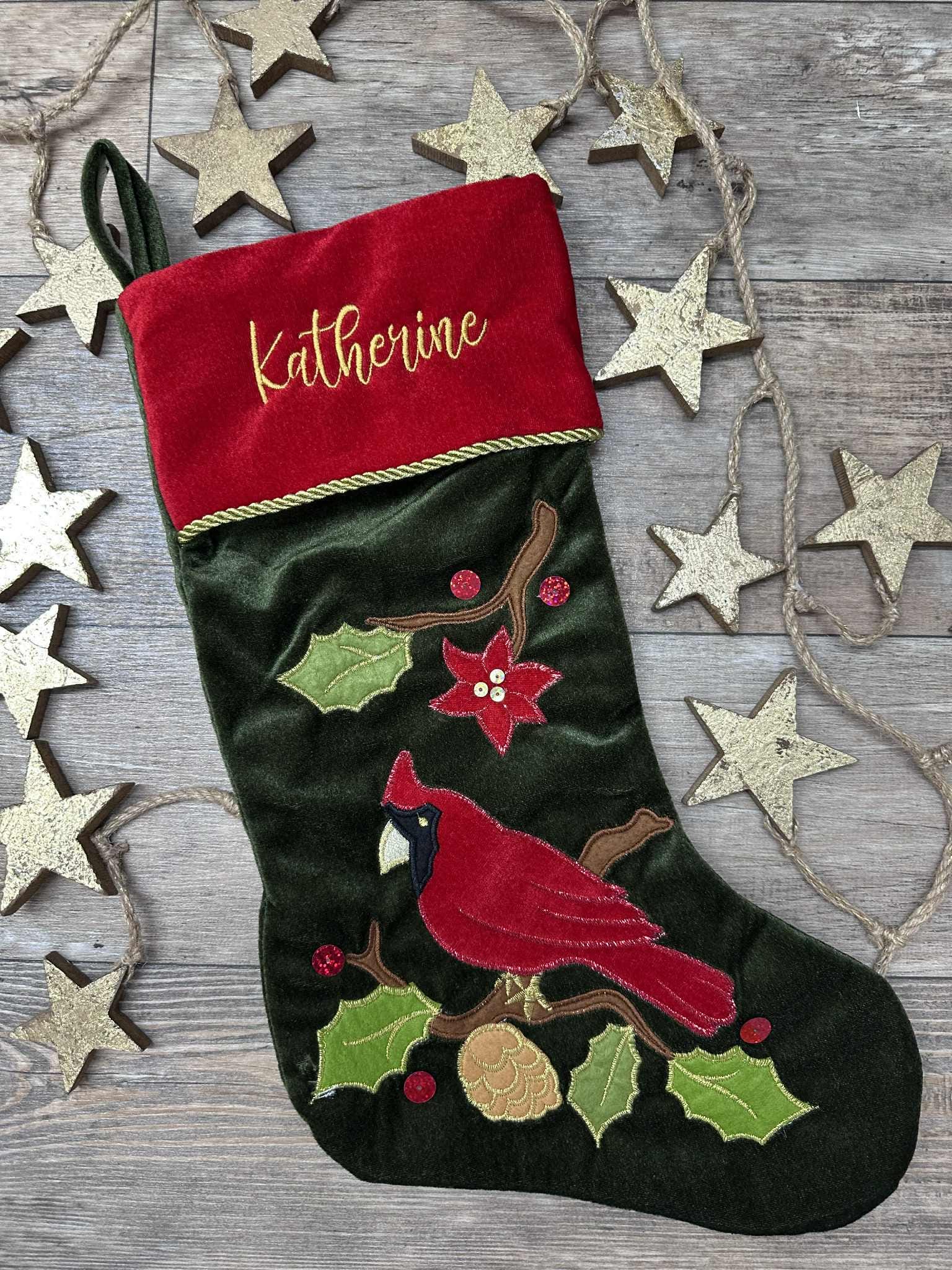 Personalized Cozy Cardinal Christmas Stocking, Embroidered