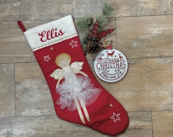 Red Celestial Angel Christmas Stocking, Christmas Stocking, Embroider Christmas Stocking, Personalize Christmas Stocking, Rustic stocking