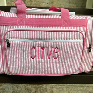 Monogrammed seersucker duffel bag or cosmetic case, personalized seersucker kids overnight bag, kids travel bag, sport sleepover daycare bag