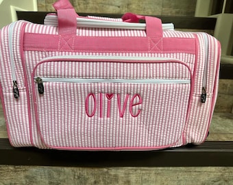 Monogrammed seersucker duffel bag or cosmetic case, personalized seersucker kids overnight bag, kids travel bag, sport sleepover daycare bag
