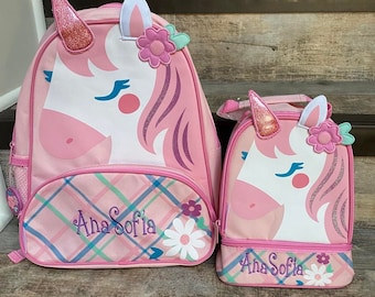 Unicorn sidekick backpack Lunchbox set, stephen joseph lunch box, personalized lunchbox, preschool backpack, Unicorn Lunch Pal