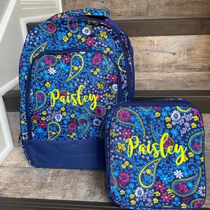 Embroidered Navy Paisley backpack lunchbox set, Girls Monogram backpack lunchbox set, girls paisley personalized backpack and lunchbox