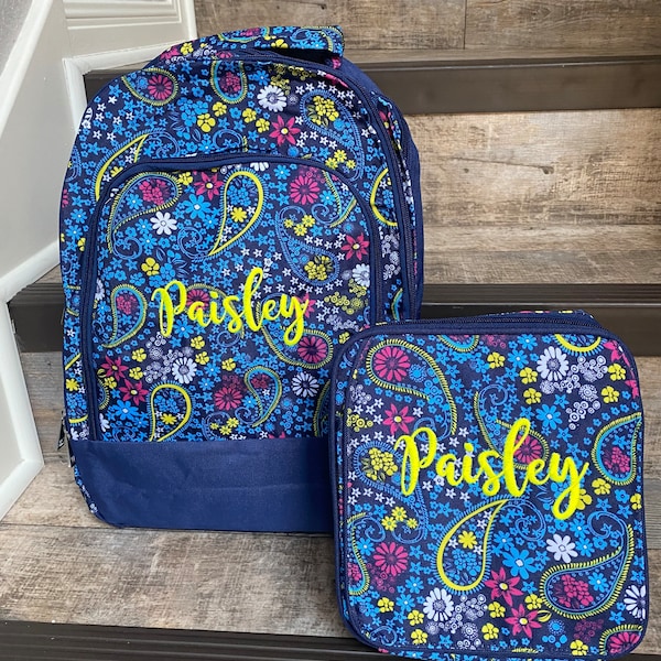 Embroidered Navy Paisley backpack lunchbox set, Girls Monogram backpack lunchbox set, girls paisley personalized backpack and lunchbox