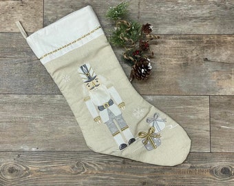 White Nutcracker Christmas Stocking, Christmas Stocking, Embroider Christmas Stocking, Personalize Christmas Stocking, Rustic stocking