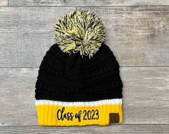 ADULT1429 #5 Pro Football Black Gold Beanie, Embroider beanie, Monogram Beanie, Personalize Pom Pom Hat, Embroidered Beanie Hat, Sock Cap