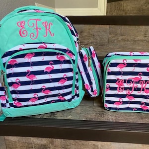 Embroidered Navy Stripe Pink Flamingo Lunchbox & backpack. Girls Monogram Lunchbox and backpack set, personalized backpack and lunchbox