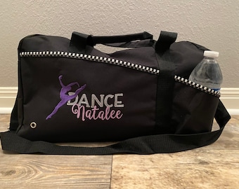 Embroidered Black Dancer Duffle Bag, Dancer Gift, Sports Bag, Dancer Coach Gift, Personalized Girl Dance Bag with Dancer Silhouette