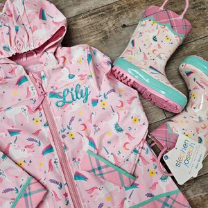 Girls Pink Unicorn Raincoat Set, Kids Rain jacket, Personalized Rain Jacket, unicorn Raincoat, Childrens Raincoat Set, Gift For girl image 2