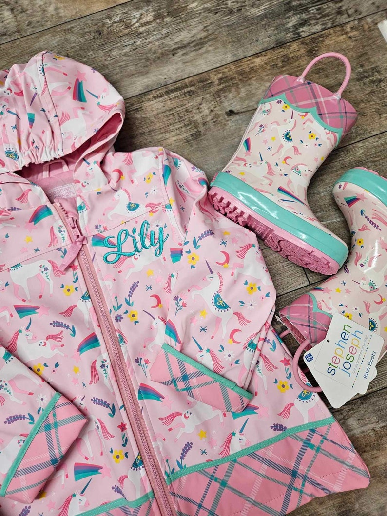 Girls Pink Unicorn Raincoat Set, Kids Rain jacket, Personalized Rain Jacket, unicorn Raincoat, Childrens Raincoat Set, Gift For girl image 2