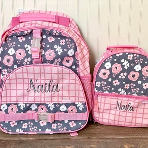 Floral backpack, Stephen Joseph Allover Charcoal Flower backpack lunch box set, Personalize Girl Backpack set, Girl backpack