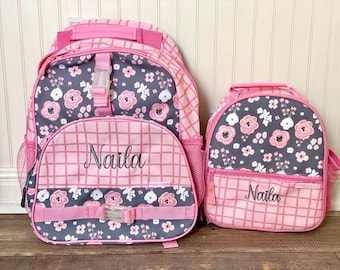 Floral backpack, Stephen Joseph Allover Charcoal Flower backpack lunch box set, Personalize Girl Backpack set, Girl backpack