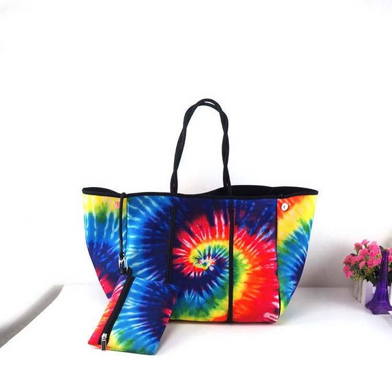 Colorful Tie Dye Neoprene Beach Bag With Small Zippered Purse, Personalized Tie  Dye Neoprene Beach Bag, Embroidered Tie Dye Neoprene Tote - Etsy