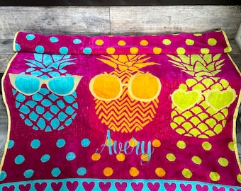 Pineapple Beach Towel, kid Personalize beach Towel, velour beach towel, embroider Pineapple beach towel, youth beach towel, baby towel