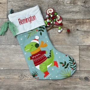 Personalized kids dinosaur stocking,  Stephen Joseph Christmas Stockings, monogram snowman stocking, kids christmas stocking, dino stocking