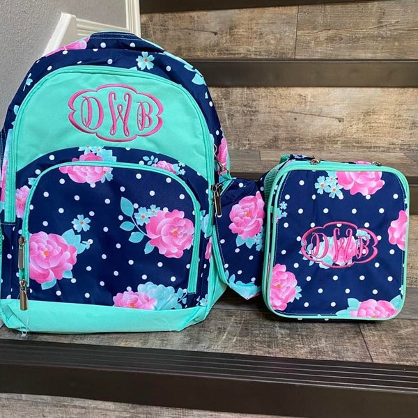 Personalized floral backpack lunchbox set, Girls peony Monogram Lunchbox and backpack set, embroider backpack and lunchbox, girls backpack