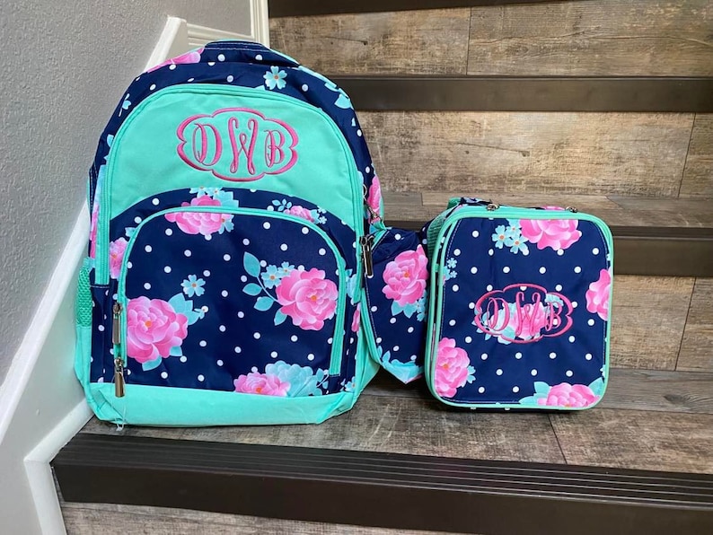 Personalized floral backpack lunchbox set, Girls peony Monogram Lunchbox and backpack set, embroider backpack and lunchbox, girls backpack image 2