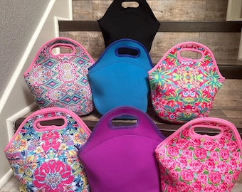 Colorful Embroidered Floral Neoprene Lunch Tote, Personalized Lunch Bag for Kids, Teens, Adults, Washable Neoprene Lunch tote, neoprene tote