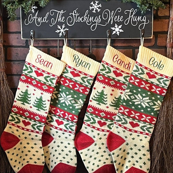 Embroidered Christmas Stockings, Personalized knit Christmas Stockings, Reindeer knit Stocking, Christmas knit Stocking, sweater stocking