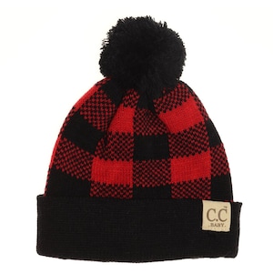 BABY73Pom Buffalo Plaid Pom Beanie Personalized Baby Buffalo Plaid Single Pom Beanie