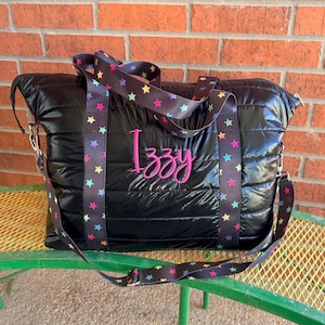 Personalized Embroidered Top Trenz Black Puffer with Shadow Star strap tote, Weekender, Overnight Bag
