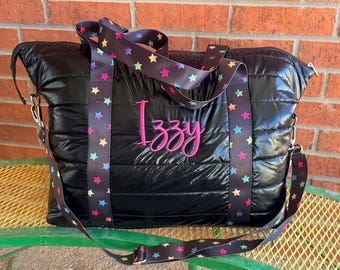 Personalized Embroidered Top Trenz Black Puffer with Shadow Star strap tote, Weekender, Overnight Bag